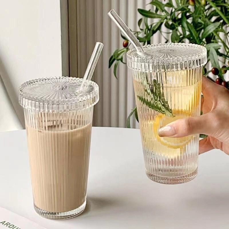 

380Ml Simple Stripe Glass Cup With Lid And Straw Transparent Tea Cup Juice Glass Beer Can Milk Mocha Cups Breakfast Coffee Mug