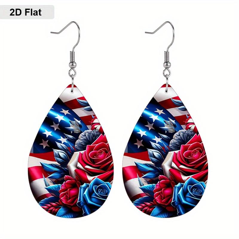 Patriotic American Flag with Sunflower Boots PU Earrings for Women, Independence Day American Flag Rose Flower Water Drop Earrings