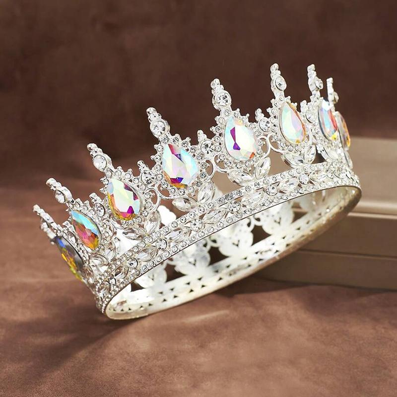 Luxury Color Baroque Queen Crown Colorful Sparkly Rhinestone Wedding Crown Bride Princess Full Round Tiaras Headband Headpieces