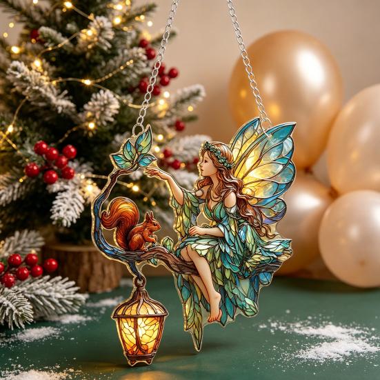 Xmas Tree Door Decorations Fairy & Gnome Christmas Acrylic Suncatcher, 2D Fantasy Elf Dwarf Window Hanging Unique Baubles Decor with Stained