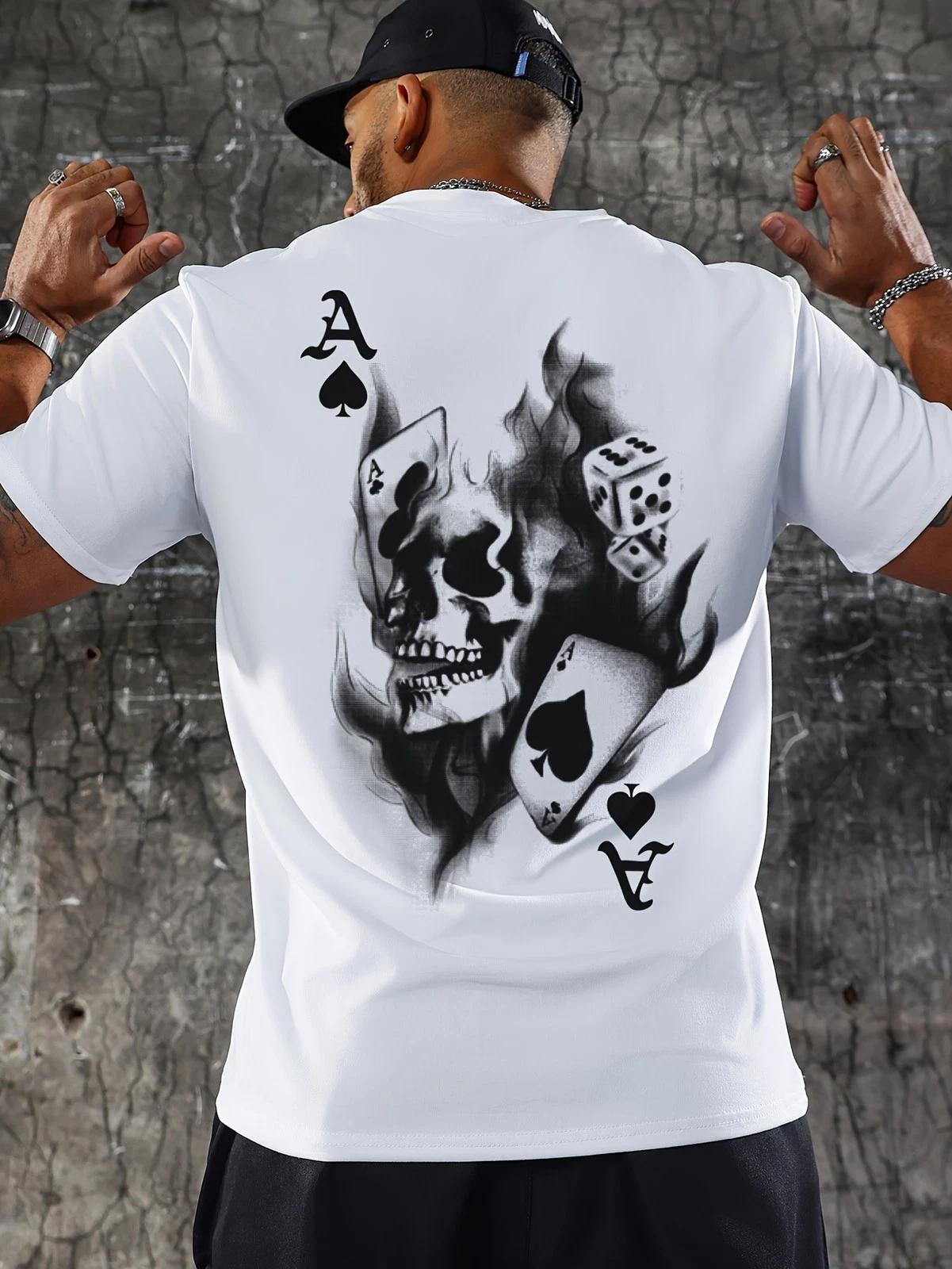 Ace of Spades Flaming Skull Graphic Tee - Edgy Poker Gambler Streetwear T-Shirt L