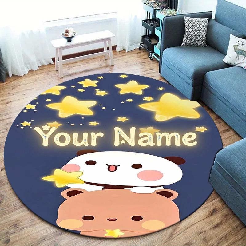 Bear Panda Night Custom Name Round Area Rug Carpet Rug For Living Room Bedroom Sofa Playroom Decor Nonslip Floor Mat