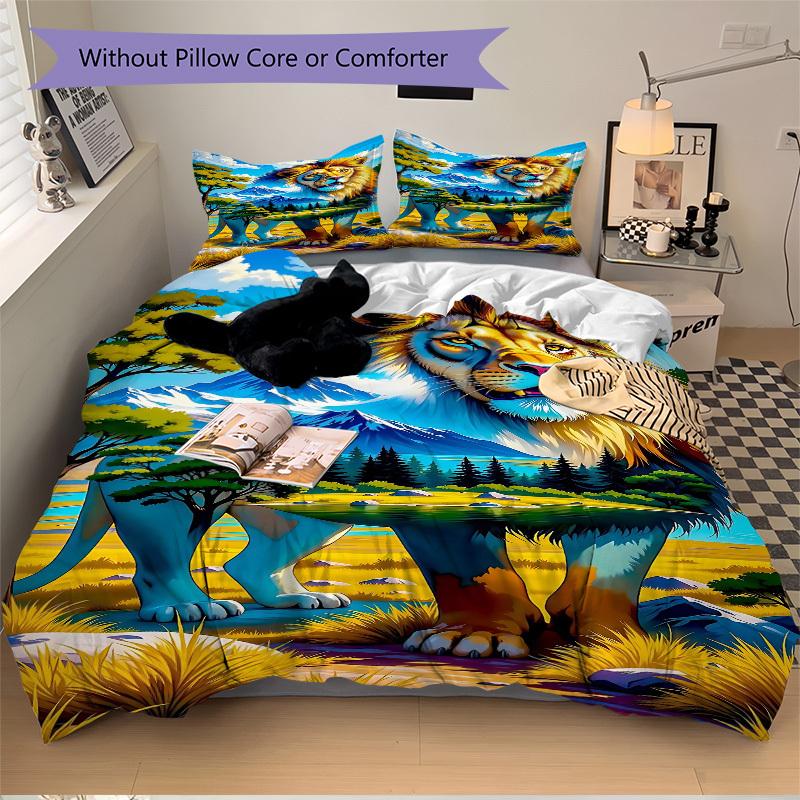 3pcs Lion Safari Duvet Cover Set -Includes 1 Duvet Cover and 2 Pillowcases, No Quilt Core, All-Season Home Decor  Yy251111117