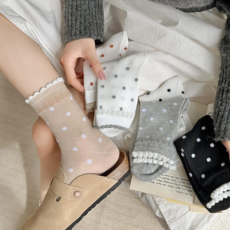 Women's Spring and Summer Thin Color Polka Dot Lace Bubble Mouth Tube Cotton Socks