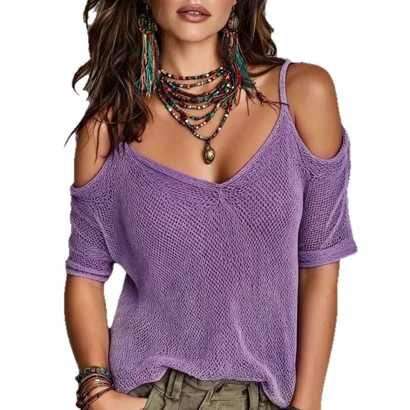 Women S Solid Mesh Cold Shoulder Knit Top Short Sleeve Summer