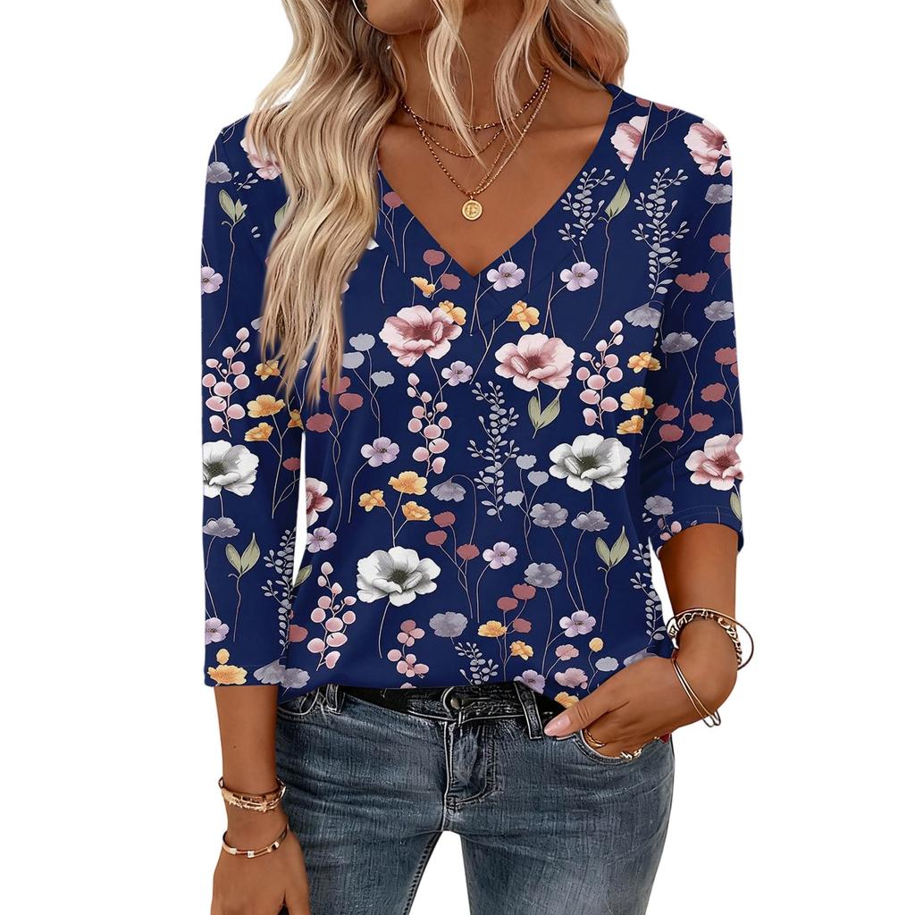 3/4 Length Sleeve Womens Tops V Neck Shirt  Casual Blouse Basic Tshirts