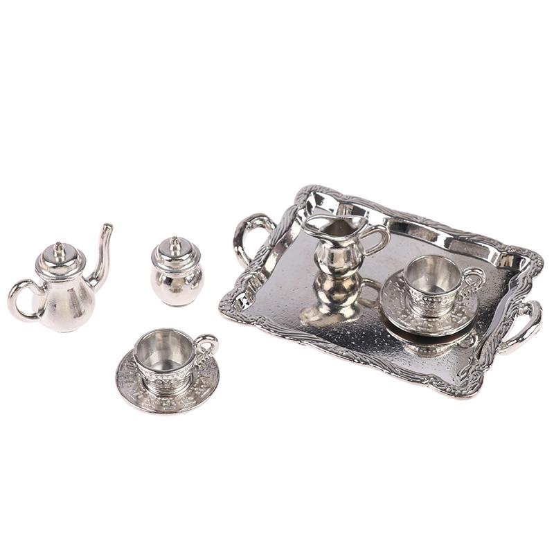8Pcs/Set Dollhouse Miniature Square Plate Metal Wine And Tea Set