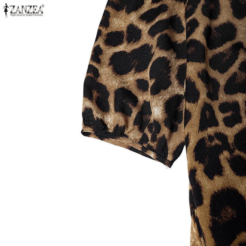 ZANZEA Women Casual V-Neck Loose Half Sleeve Leopard Print Dress