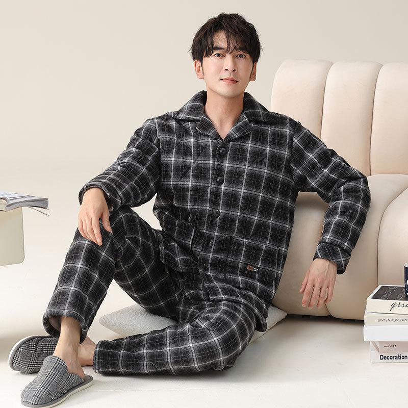 Pajamas Men'S Autumn And Winter Three-Layer Fleece Warm Coral Fleece Padded Cotton Men'S Woven Cotton Homewear Padded Jacket Set