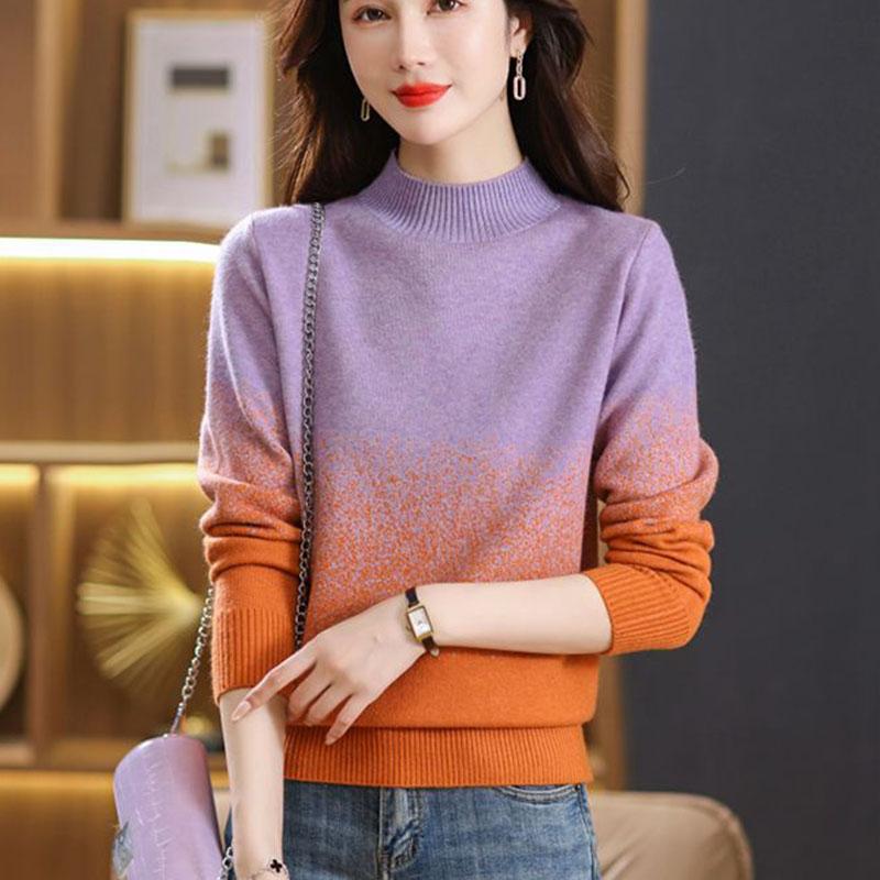 Women's Crew Neck Sweater Autumn and Winter Gradient Knit Pullover Loose Thick Knit Top