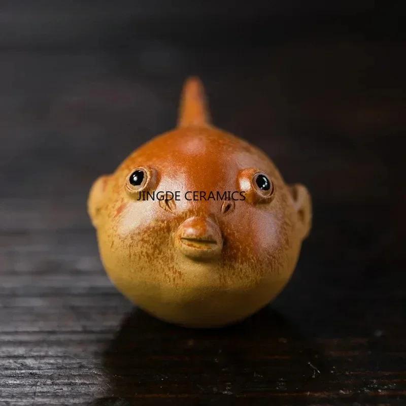 Cute Puffer Fish Statue Ornaments Chinese Yixing Purple Clay Tea Pet Handmade Sculpture Crafts Boutique Tea Set Decoration Art