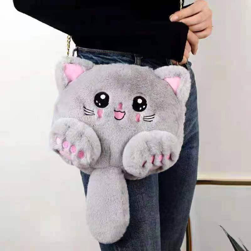 

Cute Pink Cat Plush Shoulder Bag - Korean Style Student Chain Doll Bag 20x23x9 cm