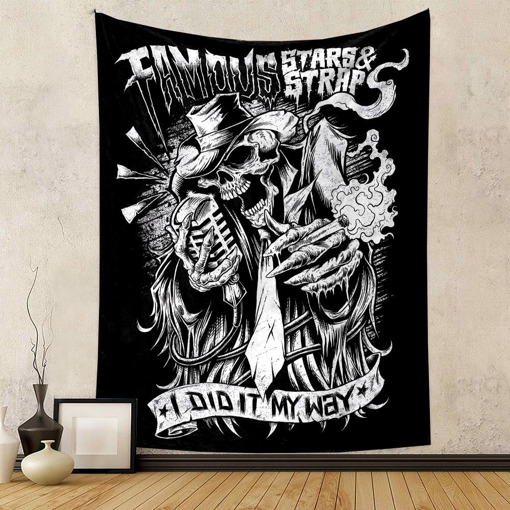 Famous Stars and Straps Tapestry Wall Hanging, Punk Rock Brand Skull Art, Street Style Wall Decor for Bedroom Dorm