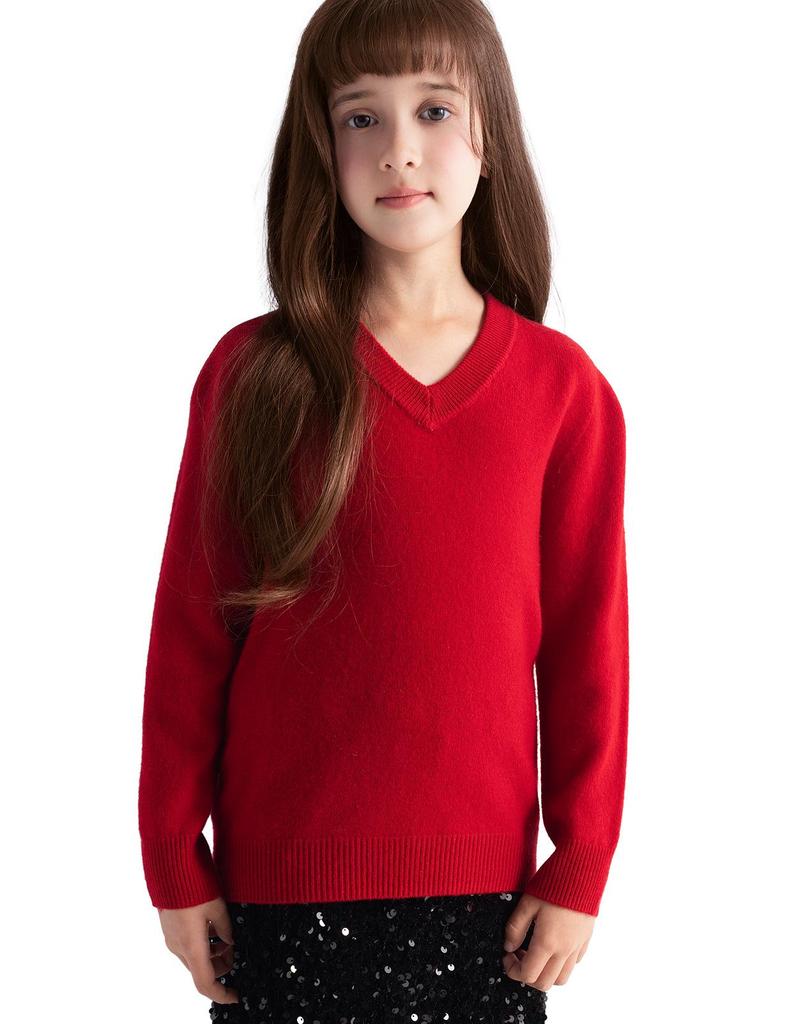 Girls' V-neck Wool Base Layer Sweater - Soft, Warm, Skin-friendly, Solid Color One-Piece Top