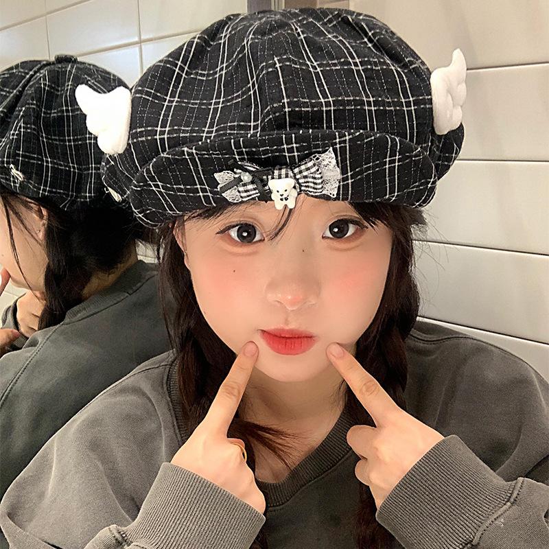 Japanese Cute Plaid Little Bear Wings Cloud Beret Women's Versatile Face Show Small Octagonal Hat Flip Brimmed Painter