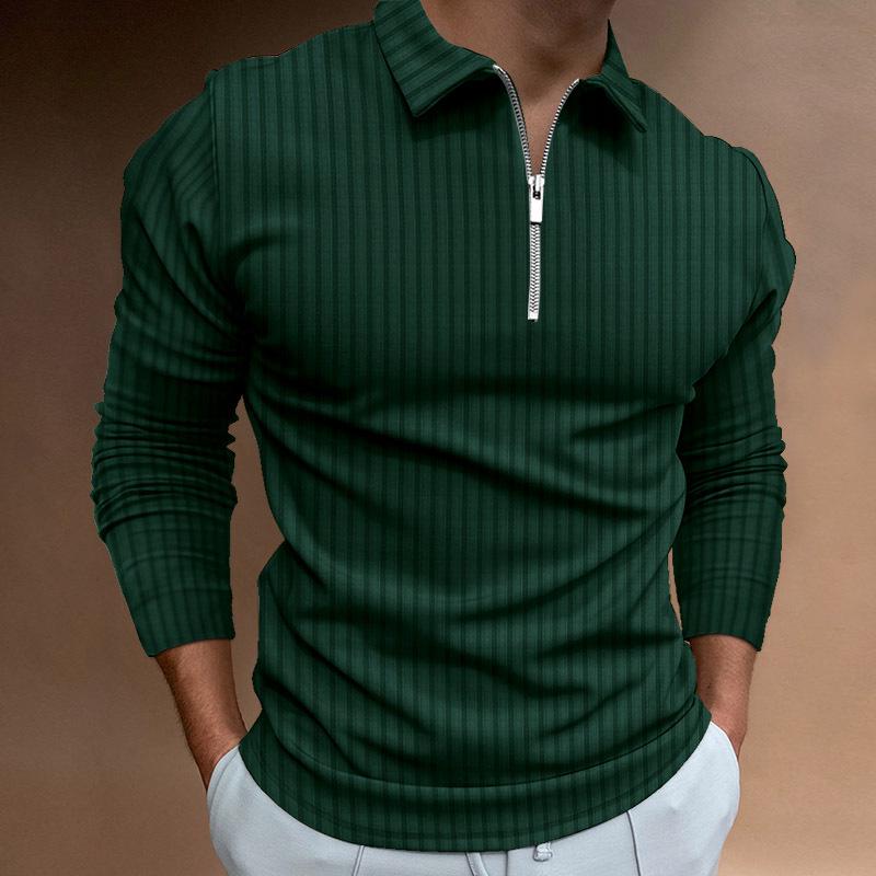 2022 European & American Autumn/Winter Men's Striped Long Sleeve Zip Polo Shirt