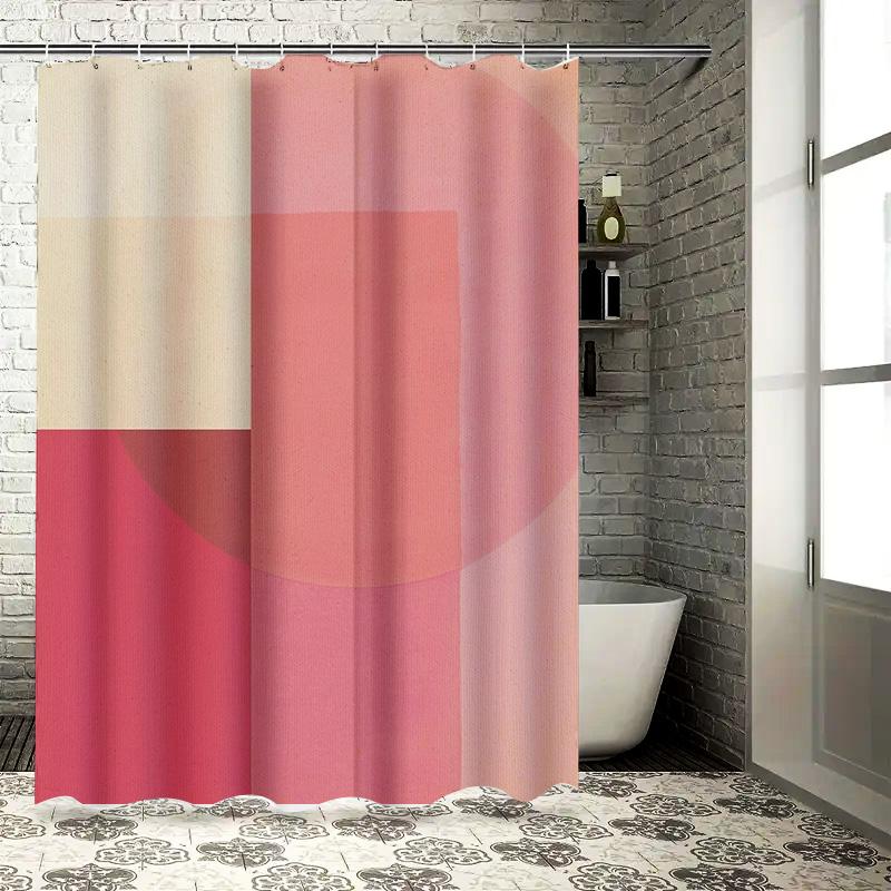 

Modern Geometric Design Shower Curtain Set With 12 Hooks Pink White W60H190(CM)-1 Pcs