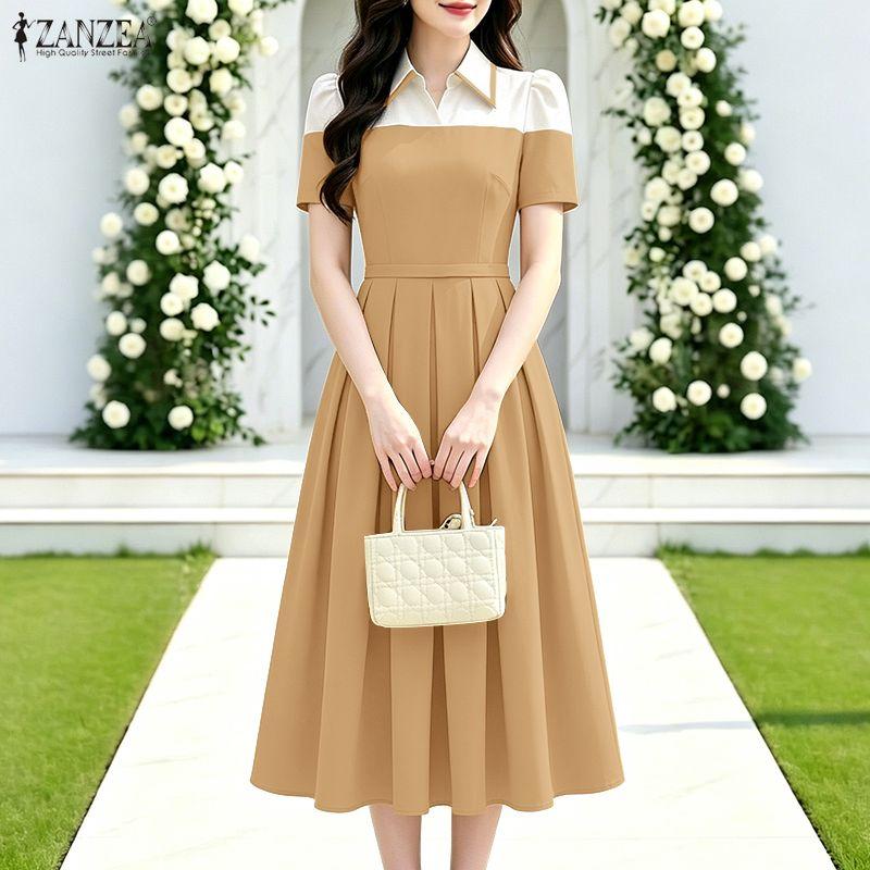 ZANZEA Women Patchwork Casual Turn Down Collar Elegant Short Sleeve Dress