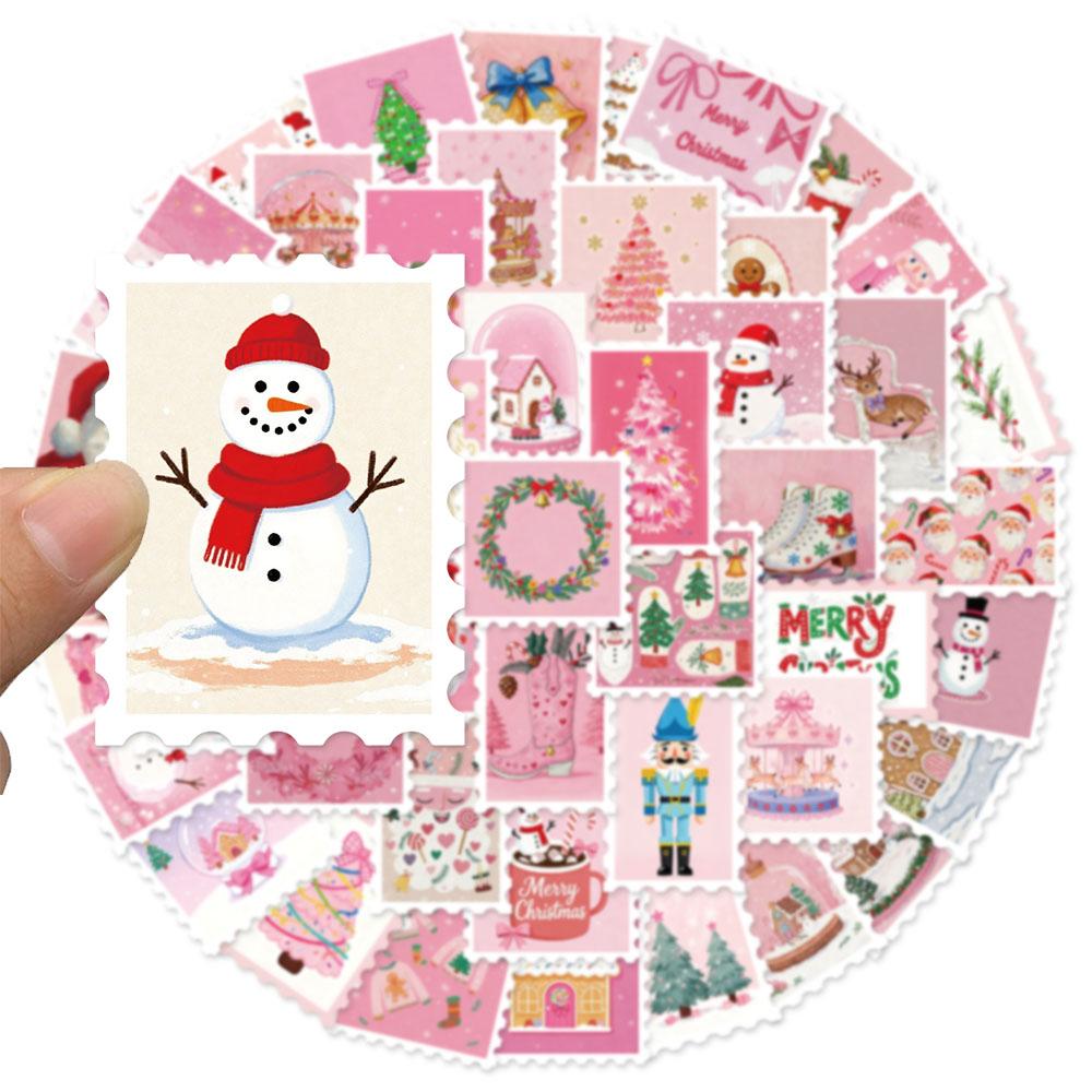 50PCS Pink Christmas Stamp Fun Stickers DIY Handmade Materials Phone Case Laptop Christmas Decoration Stickers