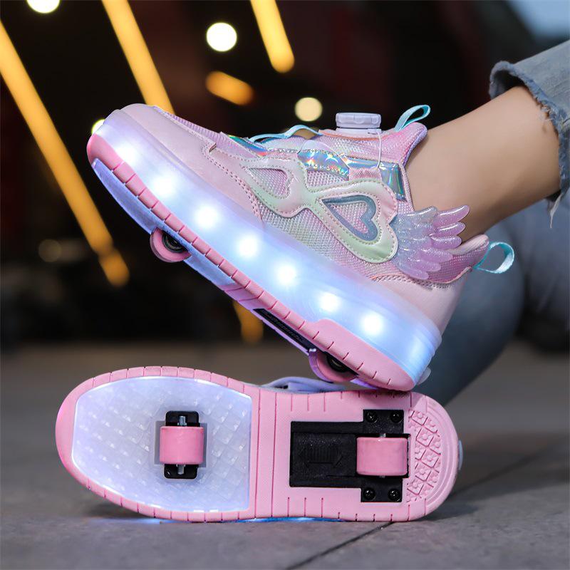 2024 Girls' LED Leather Roller Shoes: Double-Wheel, Removable, Children’s Skating Sneakers