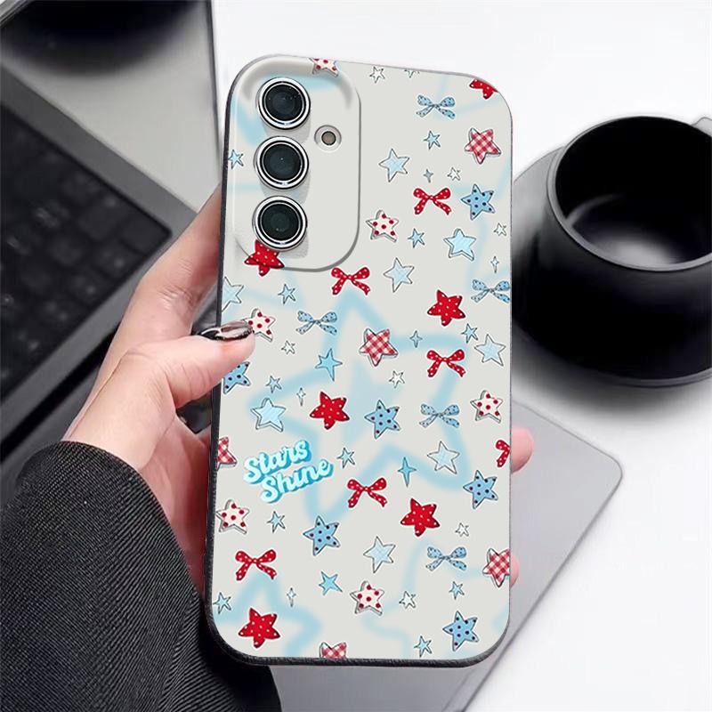 Blauer Stern Schleifen Muster Hülle Für Samsung Galaxy S25 Edge S24 Ultra S23 S22 Plus S21 FE S26 Ultra Lederstruktur Silikonhülle