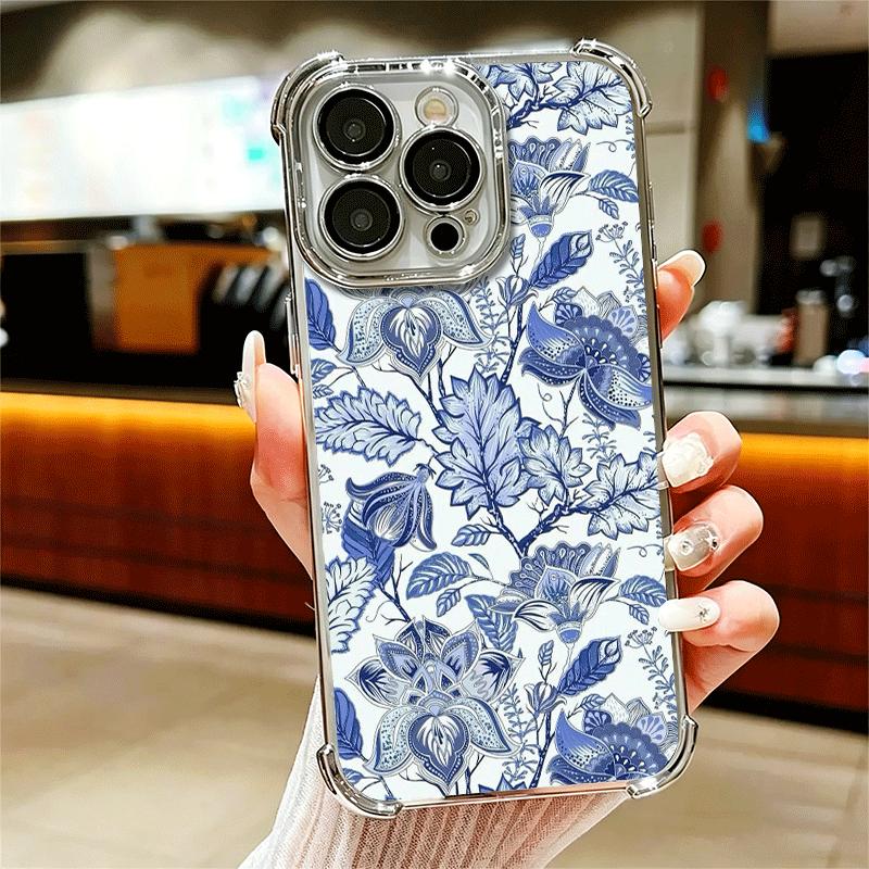 Blue And White Porcelain Pattern Plating Phone Case For Iphone 16 17 Pro Max Air 16E 14 15 Plus 12 13 Mini Anti-Fall Airabag Cov