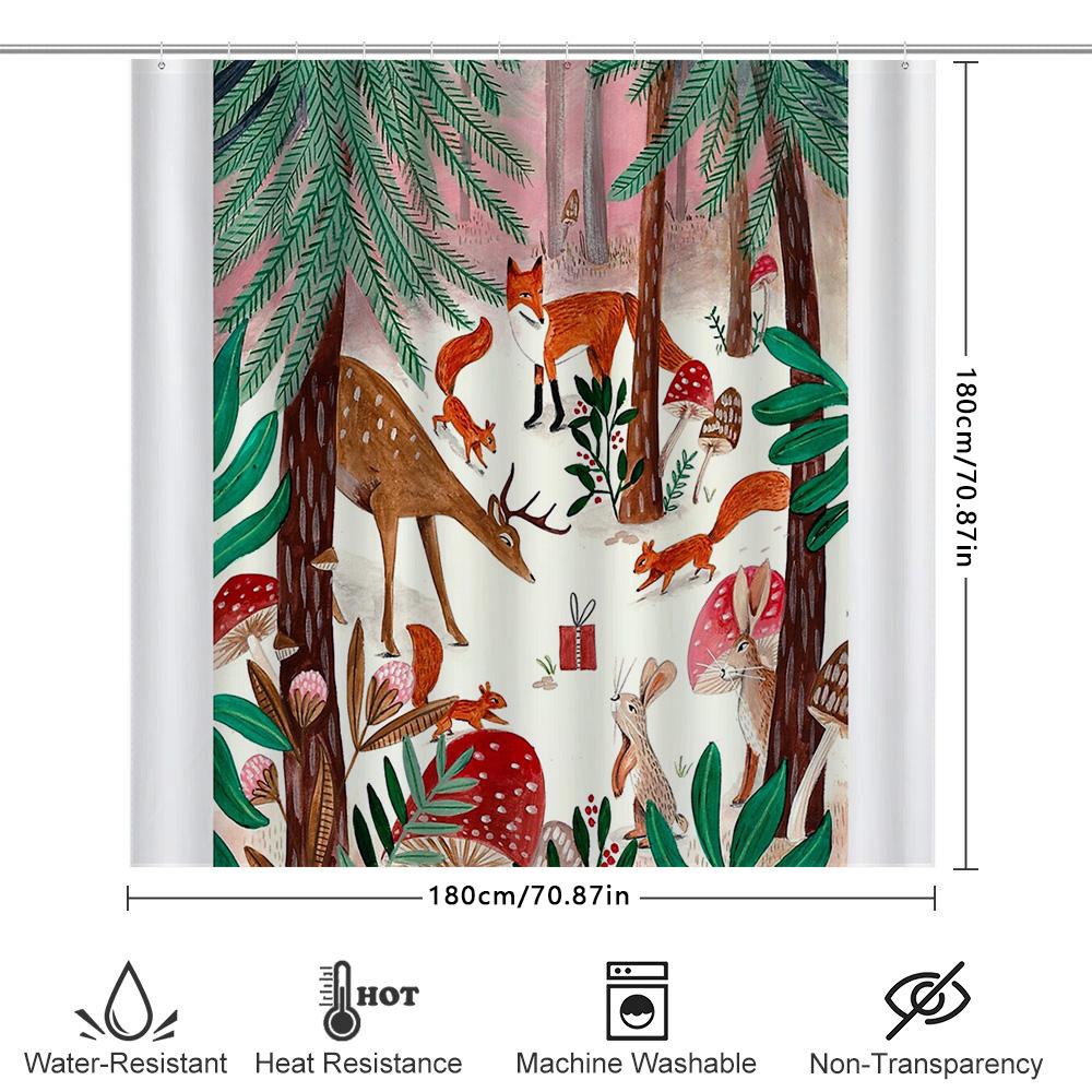 Waldtiere Duschvorhang Waldhirsch Fuchs Kaninchen Natur Badezimmer Dekoration Vintage Rustikal Wohnkultur Bauernhaus Stil Hintergrund
