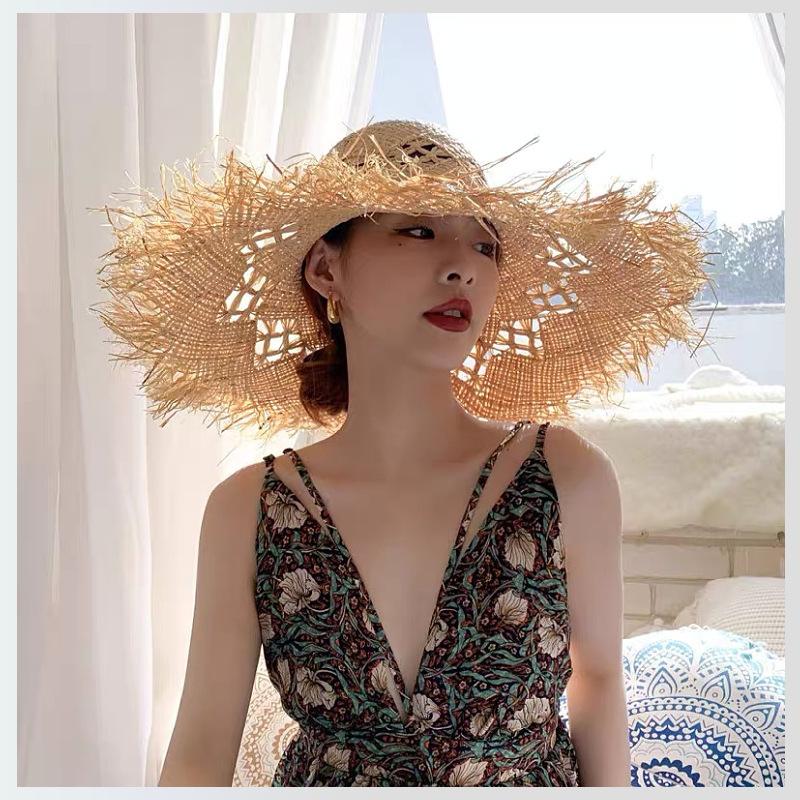 Hollow Lafite Straw Hat Women's Summer Seaside Beach Sunshade Sunscreen Hat Big Brim Sun Hat New