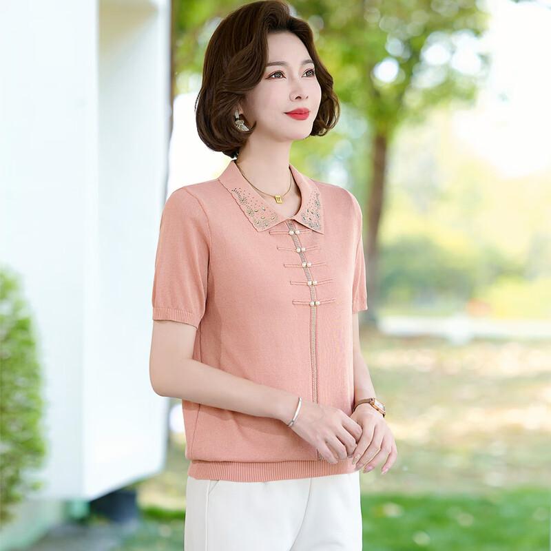WoXue Women's New Chinese Style Ice Silk Knitted Short Sleeve T-Shirt