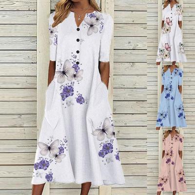 Elegant Women Dresses V Neck Short Sleeve Button Party Dress Women Summer Vintage Print Dress Casual Loose Flower Ladies Dresses