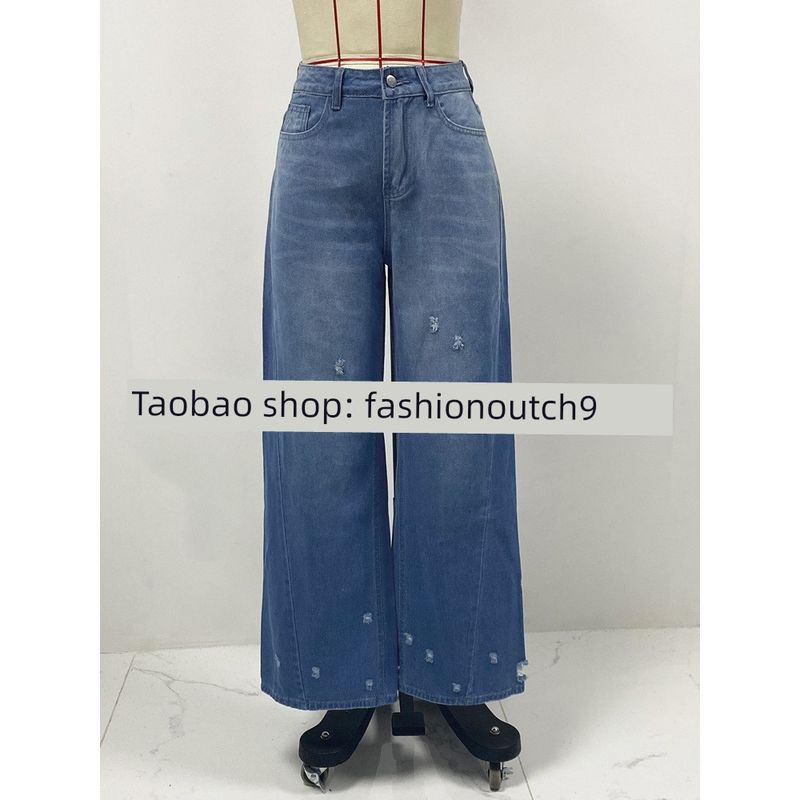 

2025 Vintage Straight Leg Ripped Jeans Wide Leg Pants Blue XXL