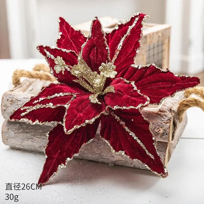 

26cm Velvet Christmas Flower- Gold Sequins Flocked Fabric Artificial Bloom,Christmas Tree Decoration & New Year Hanging Ornament