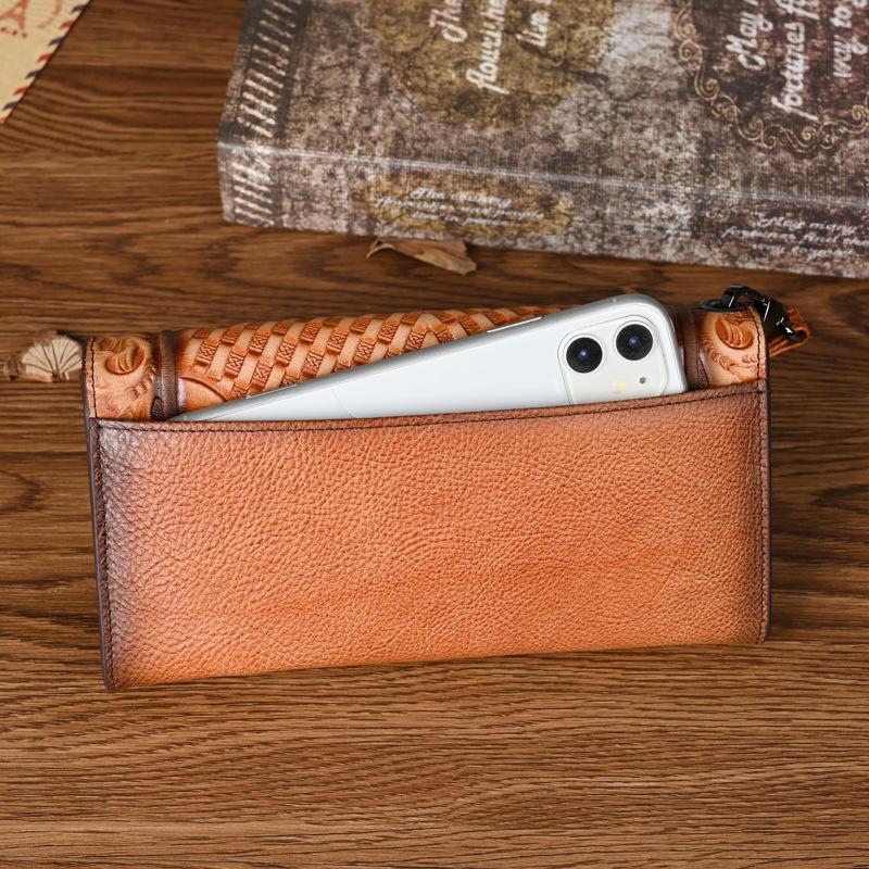 Chinese Style Leather Wallet for Women,Grain Cowhide Long Zip Around Wallet Large Capacity Tri-Fold Clutch Vintage Purse
