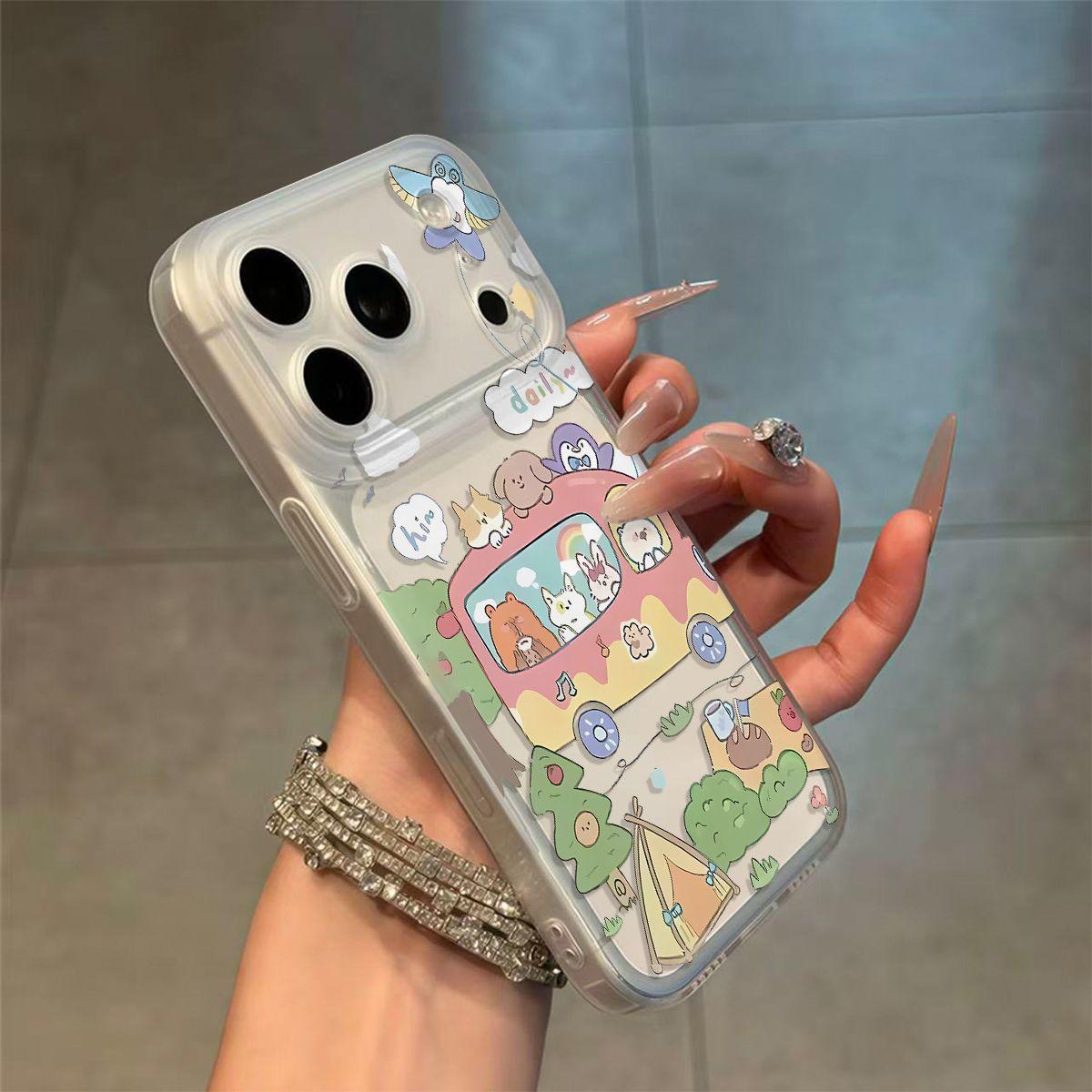 

Cartoon Soft Phone Case with Integrated Button for Apple 17/16 Bus & Small Animals 13/11/12/17 Pro Max Apple 15 Pro