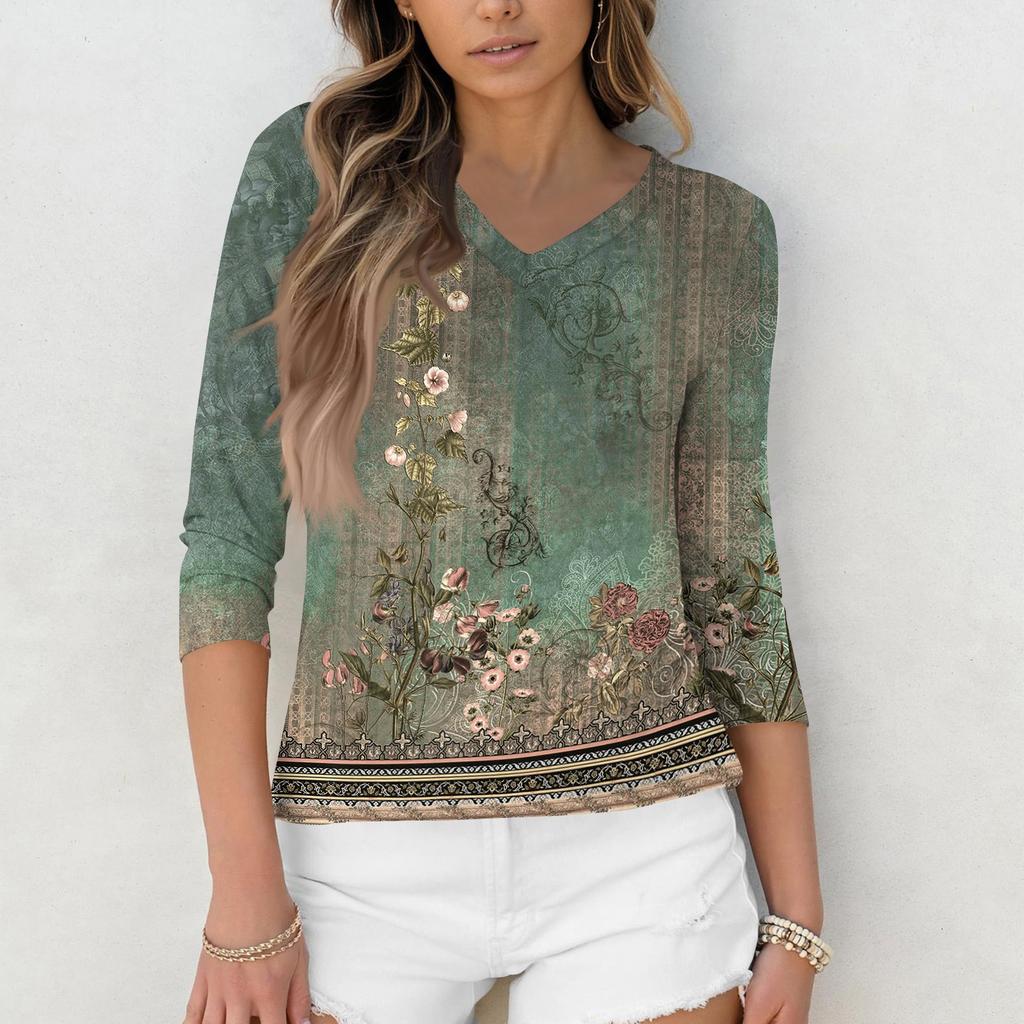 3/4 Sleeve Shirts For Women Cute Print Graphic Tees Blouses Casual Plus Size Basic Tops Pullover