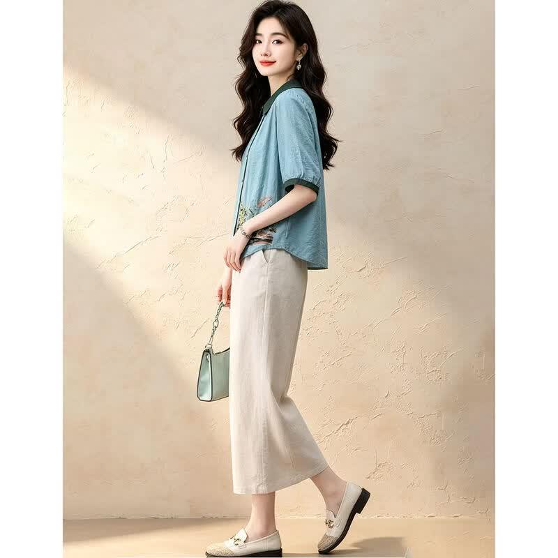 D.F.DEAR Women's New Chinese Style Embroidered Shirt & Capri Set
