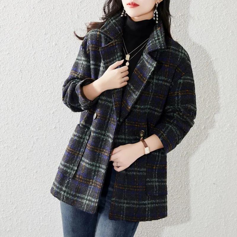 Palton de Toamnă și Iarnă pentru Femei, Larg, Casual, în Carouri, cu Guler Tip Costum, Palton cu Temperament