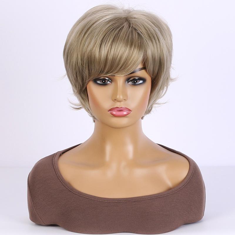 

Женский короткий темно-коричневый блондин синтетический парик Натуральный пушистый вьющийся парик с боковой частью с челкой для женщин Ежедневное использование Косплей Термостойкое волокно золотисто-коричневый