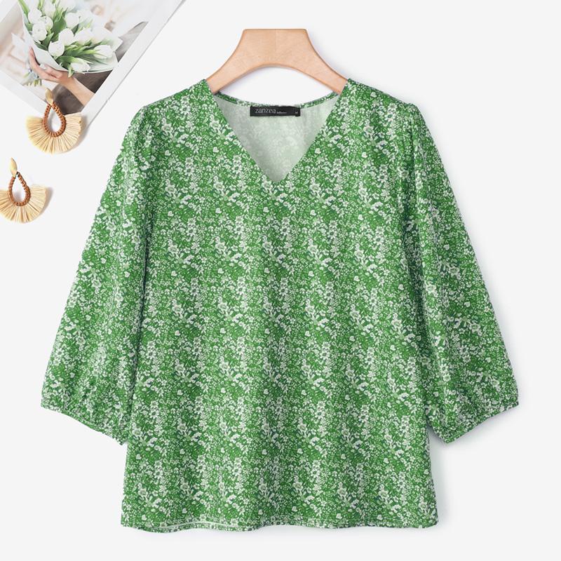 

ZANZEA Женская повседневная блузка с V-образным вырезом, рукавом 3/4 и свободным принтом 5XL зелёный