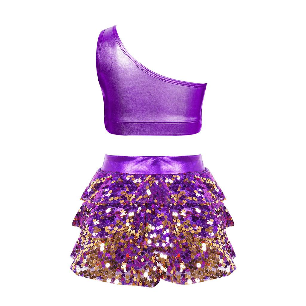 Girls Dance Performance Outfit Shiny Sequins Tiered Ruffles Sleeveless Metallic One Shoulder Vest with Skirted Shorts