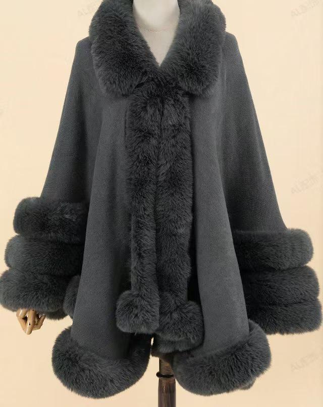 European & American Autumn/Winter Knit Fur Collar Cape with 3 Fur Strips
