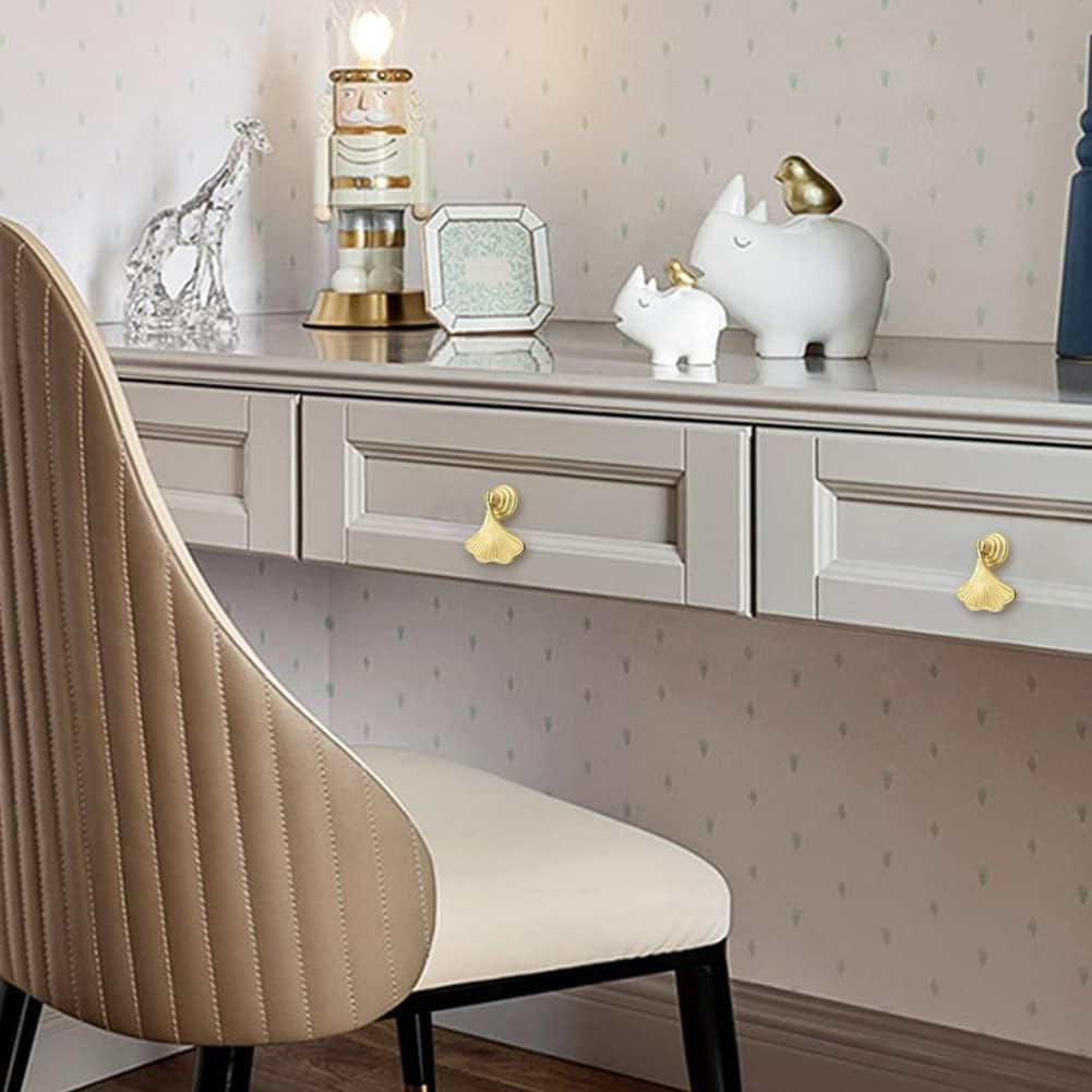 4 Pcs Ginkgo Leaf Shape Handles Golden Leaf Shape Knobs Golden Drop Pendant Pull Handles Single Hole Knobs Handles for Kitchen Furniture Cabinet