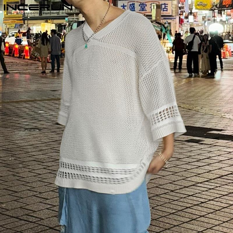 INCERUN Oversized Men Summer O-neck Half Sleeve Hollow See Through T-Shirts
