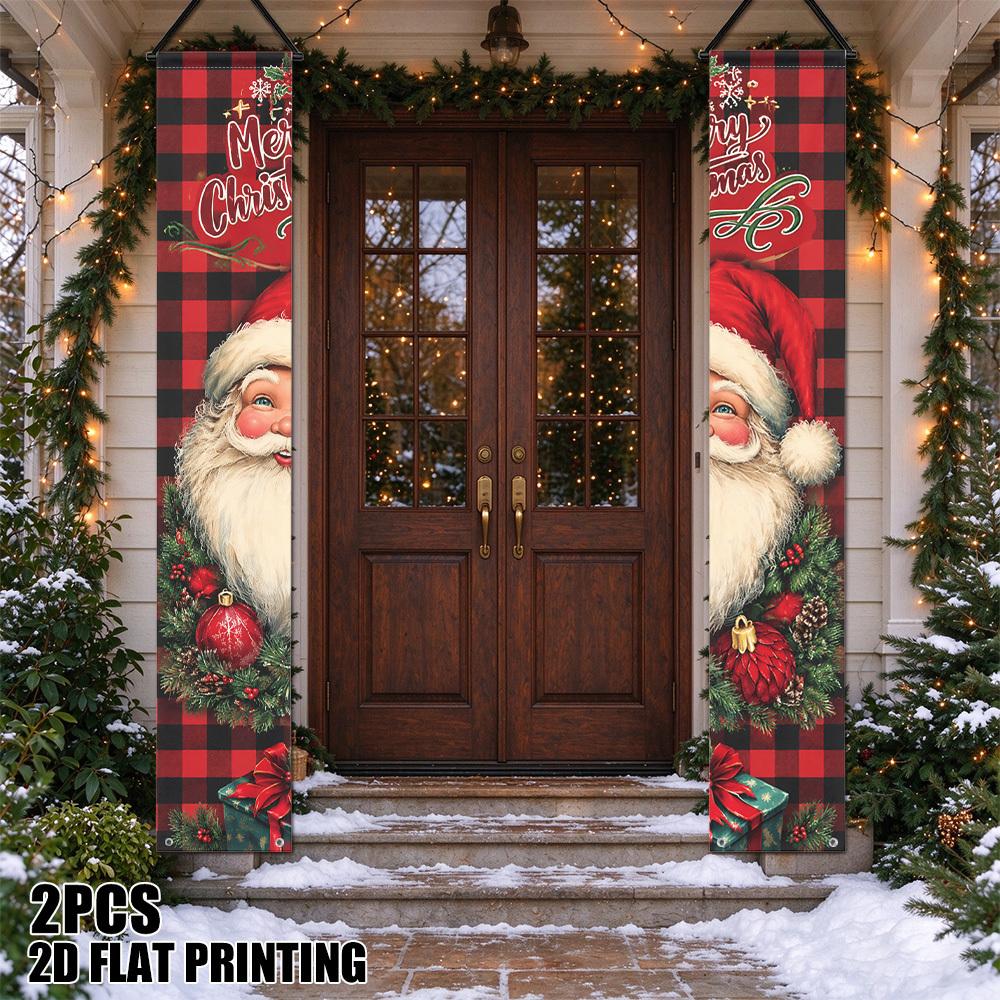 2D Flat, 2D Flat - 2D Flat, 2D Flat - 2D Flat Printing 2pcs Christmas Santa Buffalo Check Porch Banner Hanging Banner Door Hanging Banner Hanging Deco