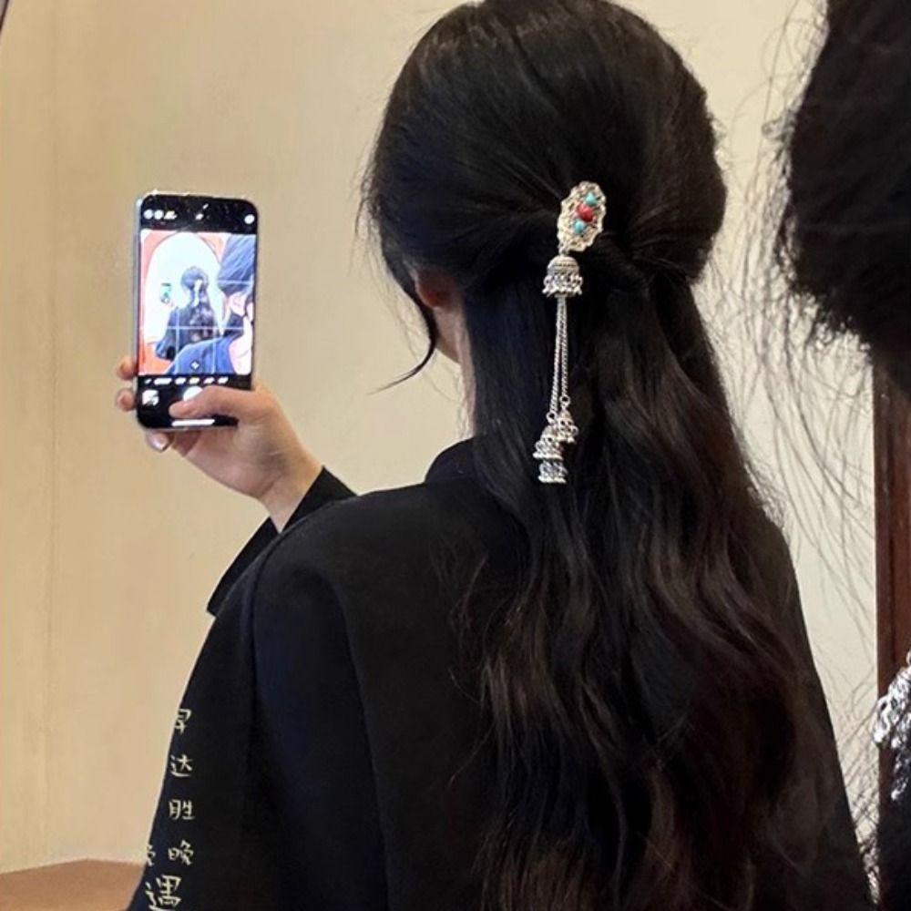 Elegant Turquoise Tassel Bell Hair Clip Crystal Chinese Style Hair Accessories Bride