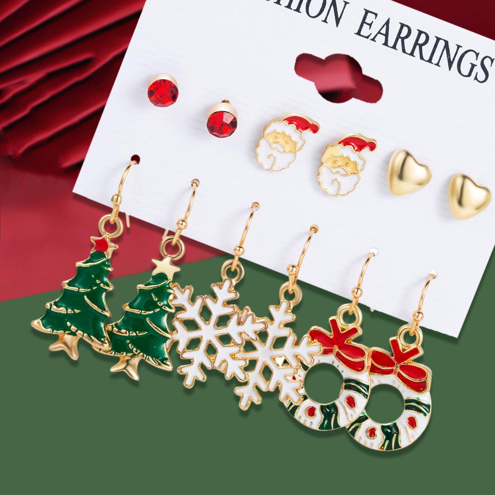6-częściowy zestaw modnych i prostych kolczyków damskich, zestaw z serii świątecznej, kolczyki z wzorem Świętego Mikołaja, choinki, płatka śniegu