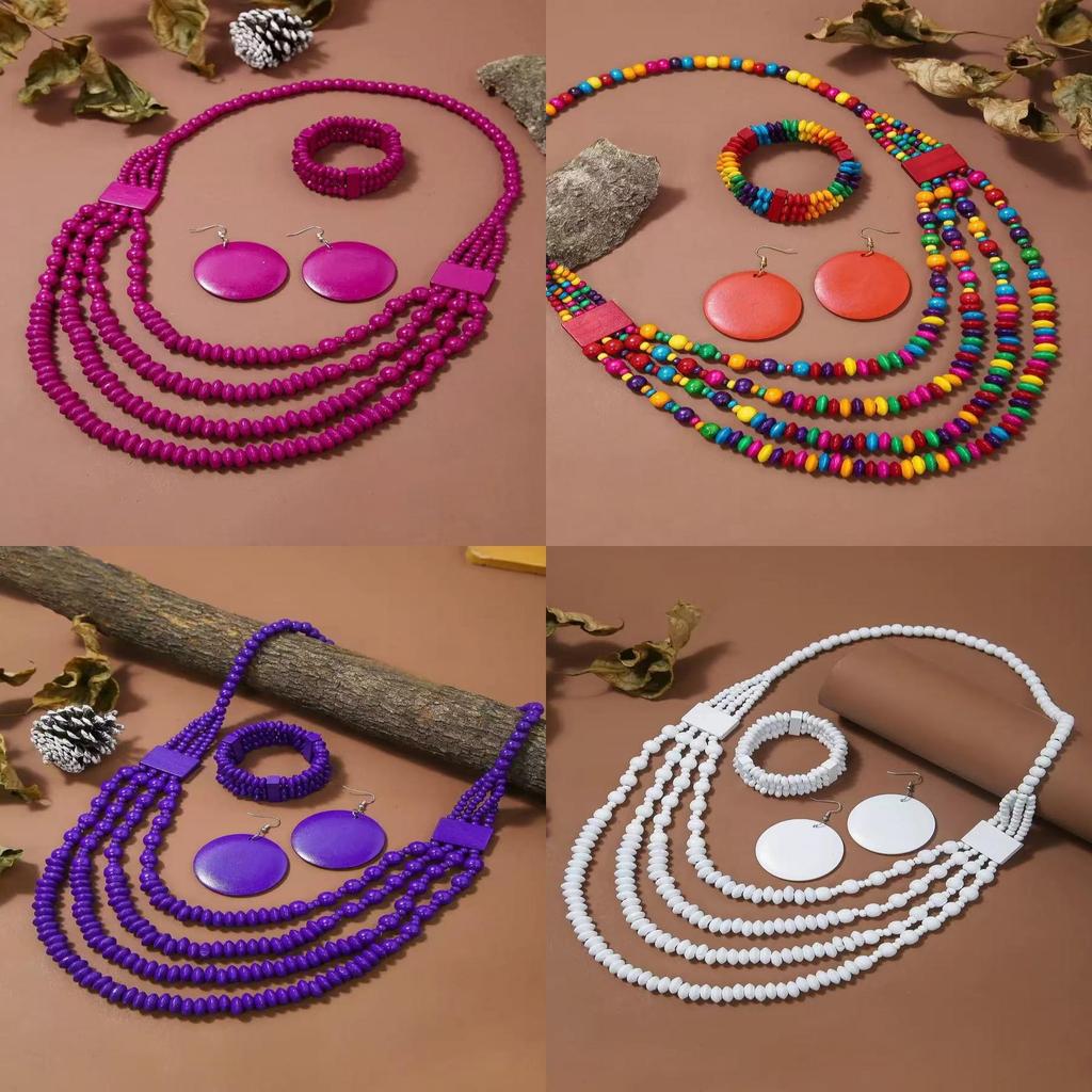 Collana multistrato in lega stile etnico bohémien con ciondolo in legno per donna
