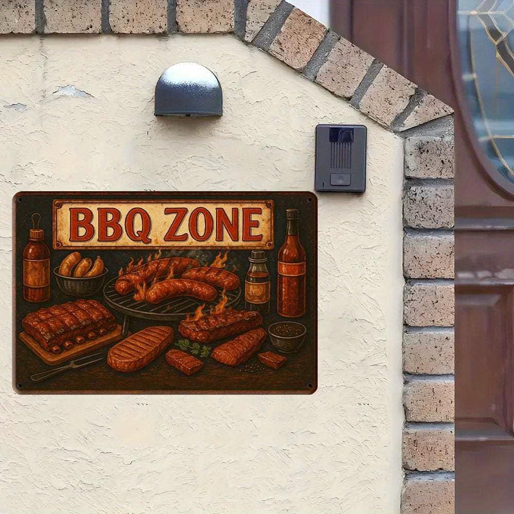 BBQ Zone Retro Metal Sign 20x30cm - Grilled design wall decor for home, bar, or restaurant.