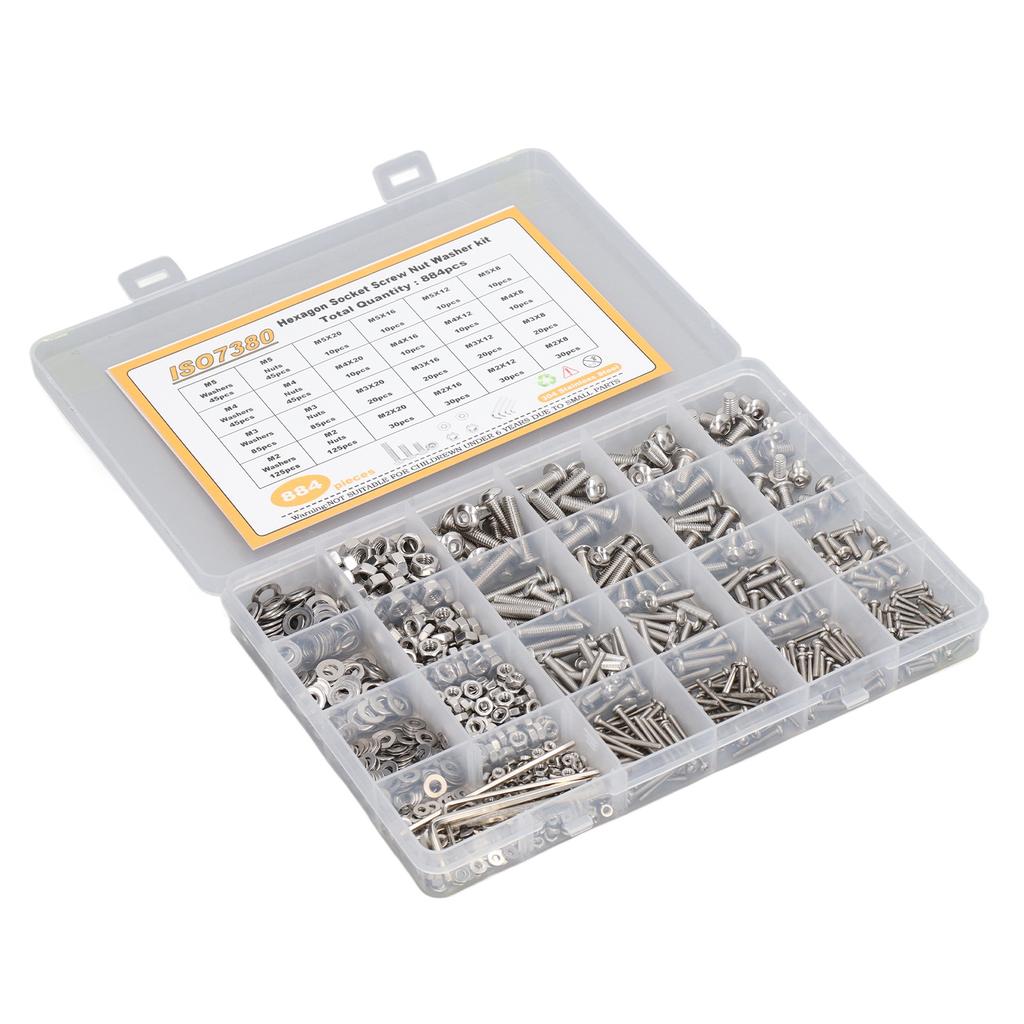 884 Pcs Screw Nut Washer Wrench Kit M2 M3 M4 M5 Half Round Head Hex Socket Screws Nuts Washers Wrench Set