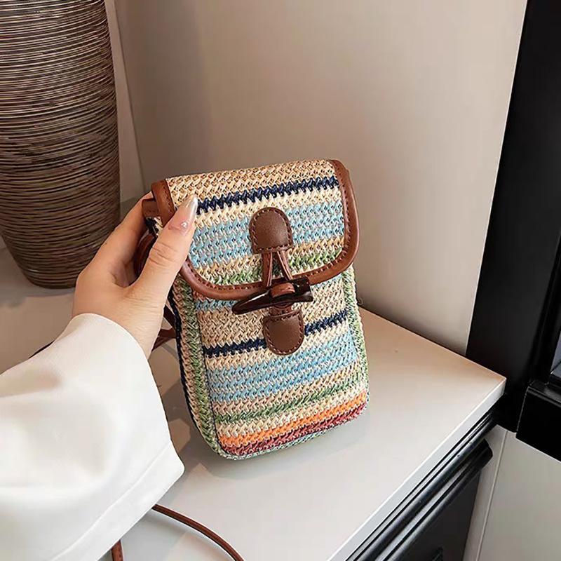 

Сумка женская сумка 2025 весна и лето новая радужная соломенная мини-сумка модная плетеная женская сумка сумка через плечо синий